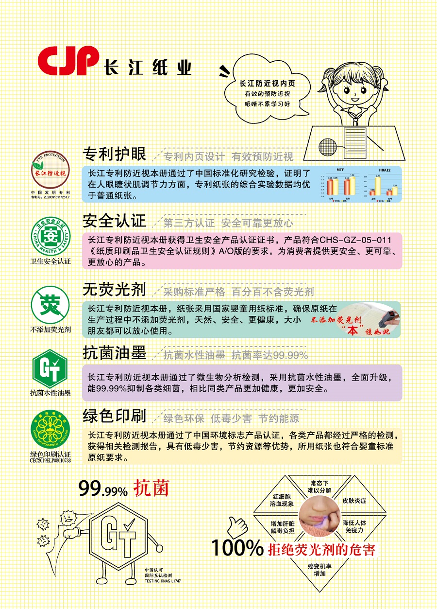 長江防近視薄冊，發明專利產品，不添加熒光劑